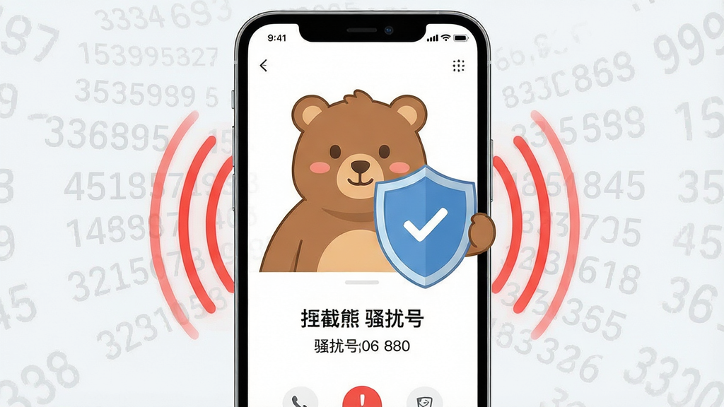 一张展示智能手机屏幕的图片,画面中央是拒扰熊骚扰电话拦截软件的来电拦截界面,主体为一只卡通熊形象手持盾牌挡在手机前方,布局采用居中构图,排版清晰展示拦截成功字样与骚扰号码信息,风格为扁平化科技插画风,细节包括盾牌上的对勾图标、手机周围的红色警示波纹以及背景中淡灰色的号码数据流,画质高清,画面干净,无多余元素