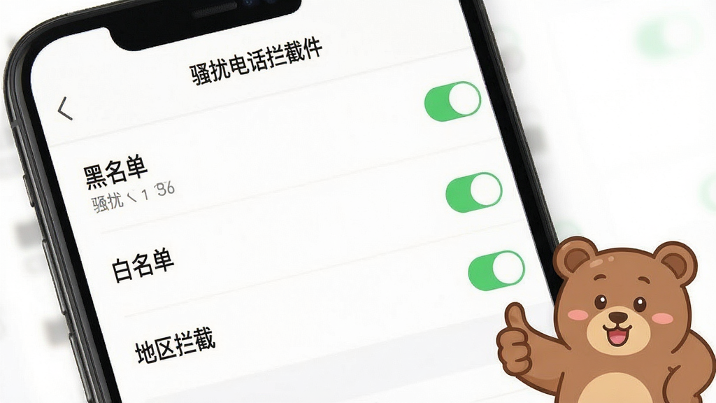 一张展示手机设置界面的图片,主体为拒扰熊骚扰电话拦截软件的拦截规则设置页面,布局采用列表式排版,风格为简洁明快的UI设计图,细节包括黑名单、白名单、地区拦截等选项开关,以及一只卡通熊在页面角落竖起大拇指,画质高清,画面干净,无多余元素