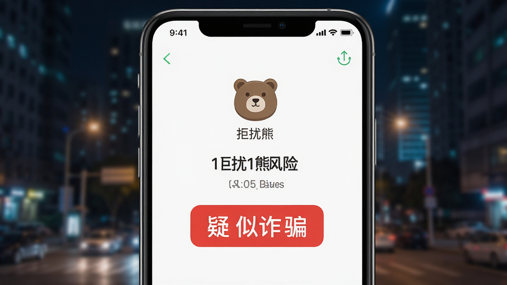 一幅展示手机来电界面的图片,主体为拒扰熊软件的风险标签提示功能,布局以来电界面为中心,排版展示号码下方醒目的红色疑似诈骗标签,风格为写实UI风格,细节包括手机顶部的状态栏、拒扰熊的熊头图标以及背景中模糊的城市夜景,画质清晰,画面干净,无多余元素