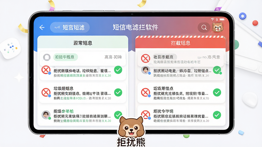 一张展示短信过滤功能的图片,主体为拒扰熊骚扰电话拦截软件的短信分类界面,布局采用左右分栏排版,左侧为正常短信右侧为拦截短信,风格为清爽的卡片式设计,细节包括垃圾短信上的红色禁止图标、正常短信的绿色对勾以及拒扰熊的卡通形象在页面底部,画质高清,画面干净,无多余元素