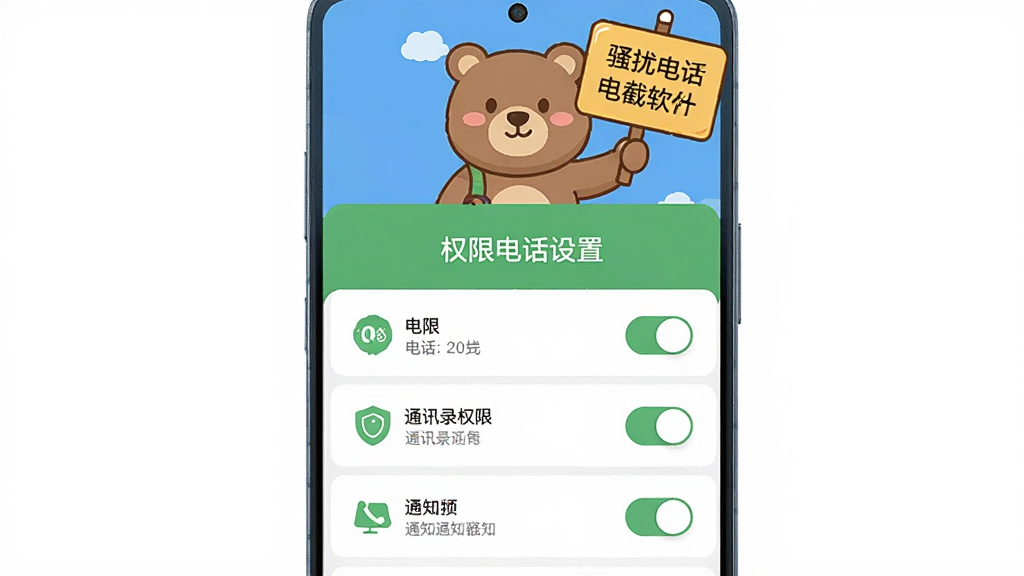 一张展示手机权限设置界面的图片,主体为拒扰熊骚扰电话拦截软件的权限授予页面,布局采用纵向列表排版,风格为扁平化UI设计,细节包括电话权限、通讯录权限、通知权限的开关按钮以及一只卡通熊在页面顶部举着提示牌,画质高清,画面干净,无多余元素