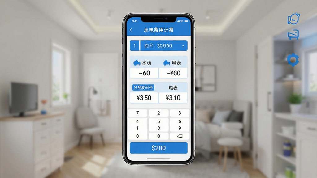 一款名为“水电费用计费”的手机应用界面展示图,主体为手机屏幕悬浮在画面中央,屏幕内显示水电费账单列表和抄表数字输入框,布局采用上下结构,上方为月份选择,中间为水表和电表读数录入区,下方为费用合计按钮,排版清晰整洁,风格为现代扁平化科技风,细节包括蓝色主色调图标、数字键盘、房间号标签,画质高清,干净,无多余元素