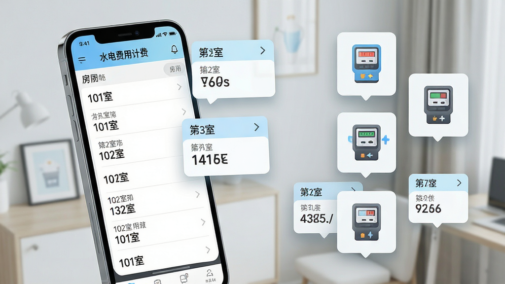 一张AI生成的图片,画面中展示“水电费用计费”软件的多房间管理界面,主体为一部手机和几个悬浮的卡片式房间信息框,布局为左侧手机屏幕显示房间列表,右侧漂浮水表电表图标,排版采用网格化,风格为清新浅色商务风,细节包括每个卡片上有“101室”“102室”标签和用量数字,画质高清,干净,无多余元素