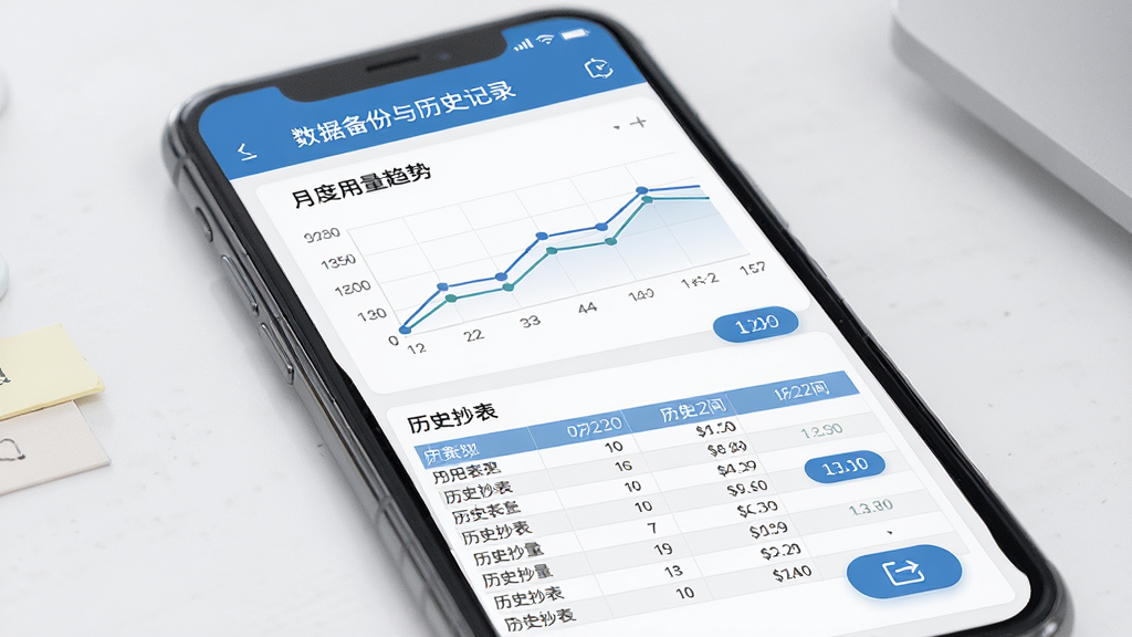 一张AI生成的图片,画面展示“水电费用计费”软件的数据备份与历史记录功能,主体为手机屏幕显示折线图和表格,布局为上下排列,上方是月度用量趋势图,下方是历史抄表列表,排版整齐,风格为简约商务风,细节包括日期标签和导出按钮图标,画质高清,干净,无多余元素