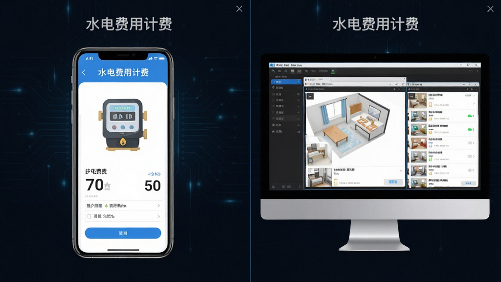 一张AI生成的图片,画面展示“水电费用计费”软件在手机和电脑模拟器上的使用对比,主体为左侧手机显示抄表界面,右侧电脑屏幕显示模拟器多窗口运行,布局为左右分屏,排版对称,风格为科技感深色背景,细节包括手机上的水表图标和电脑上的房间列表,画质高清,干净,无多余元素