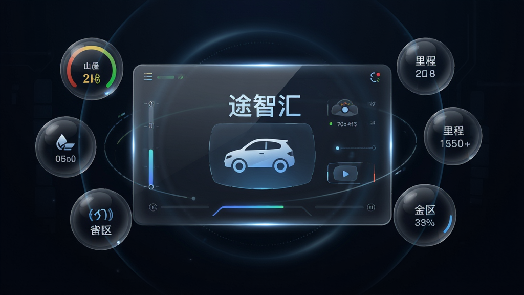 画面主体为一块悬浮在空中的半透明数字仪表盘,上面显示“途智汇”字样和车辆图标,仪表盘周围环绕着油量、胎压、里程等数据气泡。布局采用中心对称式,背景是深色渐变科技空间,风格为未来感UI概念图,细节包括光晕、玻璃质感、数据线条。画质高清,干净,无多余元素。