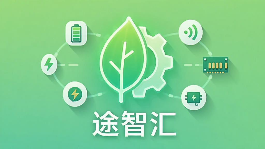 画面中央是一个发光的绿色叶片与齿轮结合的抽象图标,图标下方写着“途智汇”,周围环绕着电池、信号、内存条等小图标,寓意轻量省电。布局简洁居中,风格为扁平化科技插画,细节包括柔和的投影、渐变底色。画质干净,无多余元素。