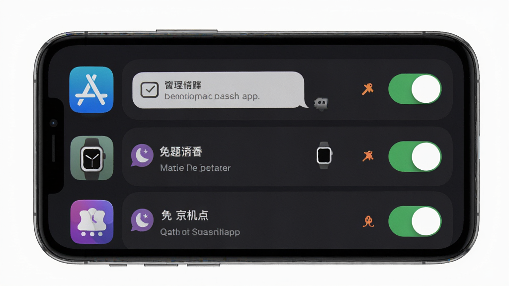 WatchApp消息同步功能界面,主体为手机屏幕展示通知管理列表,布局为左侧应用图标、右侧开关按钮,排版整齐有序,风格为简约商务风,细节包含消息气泡、手表图标、免打扰标识,画质高清,干净,无多余元素