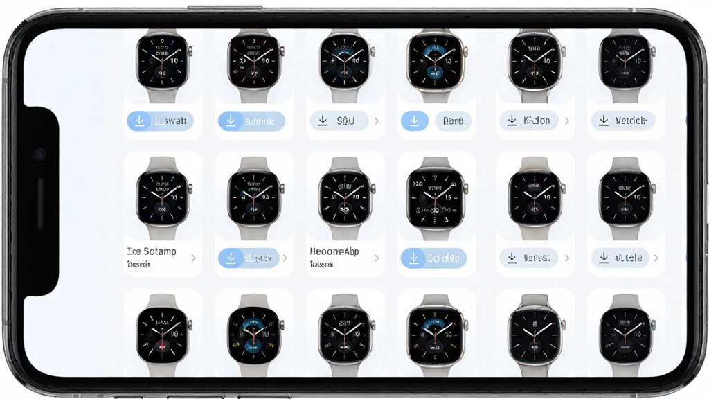 WatchApp表盘管理界面,主体为手机屏幕展示多款表盘缩略图网格,布局为三列排布,排版清晰,风格为清新浅色风,细节包含表盘预览、下载按钮、分类标签,画质高清,干净,无多余元素