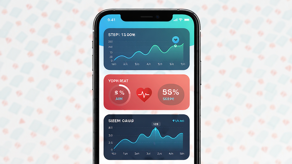 WatchApp健康数据仪表盘界面,主体为手机屏幕展示步数、心率、睡眠图表,布局为卡片式上下排列,排版层次分明,风格为健康活力风,细节包含折线图、环形进度、数据数值,画质高清,干净,无多余元素