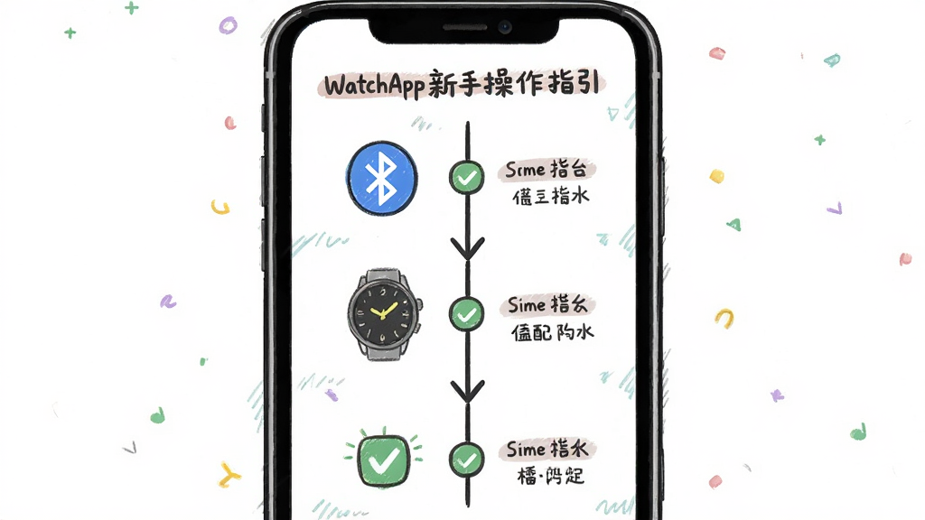WatchApp新手操作指引图,主体为手机屏幕展示配对步骤流程图,布局为纵向时间轴排列,排版清晰,风格为 friendly 手绘风,细节包含蓝牙图标、手表图案、对勾标识,画质高清,干净,无多余元素