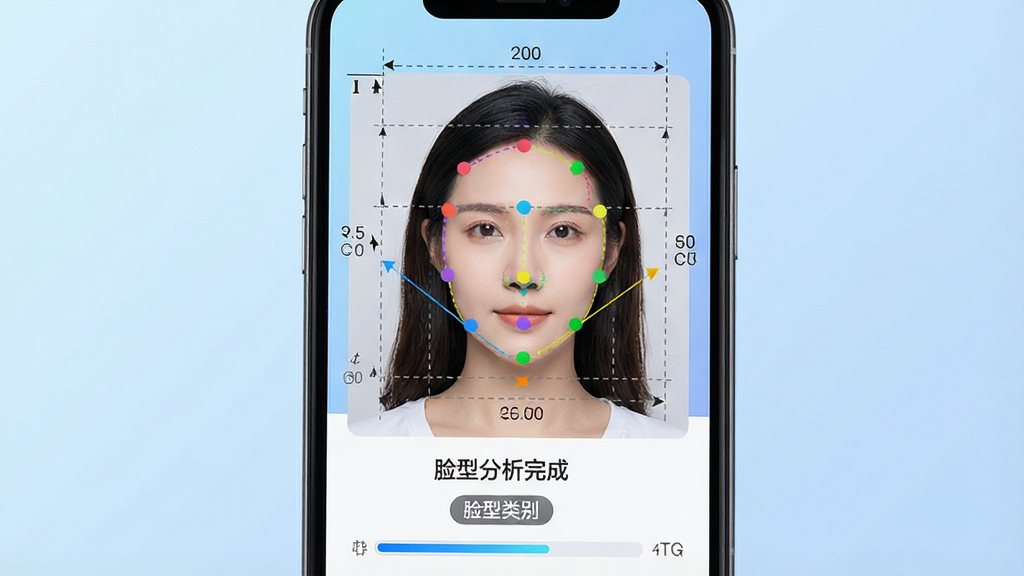 一张展示AI人脸识别分析界面的图片,画面主体为一部手机屏幕特写,屏幕上显示一张女性正面照片,照片上叠加了多个彩色关键点与测量线,屏幕下方显示