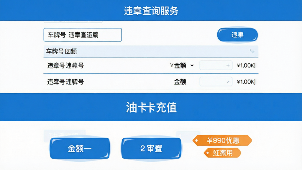 免费车主服务功能展示,画面分为上下两部分,上半部分显示违章查询结果页面,有车牌号和违章列表,下半部分显示油卡充值界面,有金额选项和优惠标签,整体布局清晰,风格扁平化设计,色调以蓝白为主,细节包括按钮高光和列表分割线,画质高清干净,无多余元素