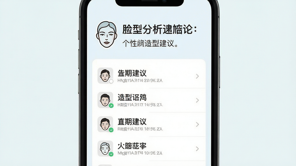 一张展示个性化造型建议的图片,画面主体为手机屏幕,屏幕上方显示脸型分析结论文字,下方列出多条造型建议条目,每条建议前有对应图标,风格为清爽阅读类UI风格,细节包括浅色背景、清晰字体层级、图标与文字对齐工整,画质高清,干净无多余元素