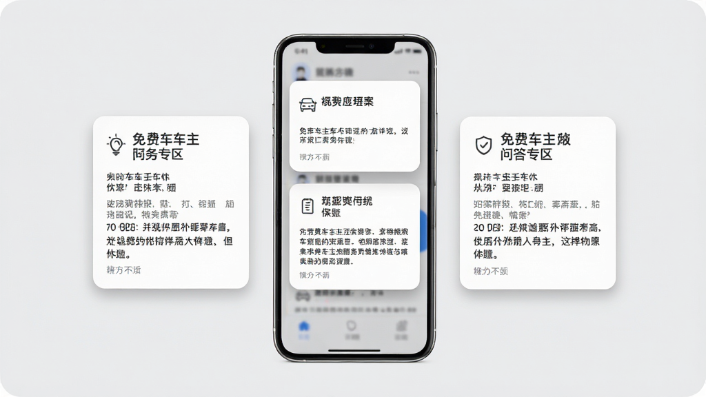 免费车主服务问答专区界面展示,画面中央是手机屏幕,显示三个问答卡片,每个卡片有标题和展开的答案文本,背景为浅灰色,卡片为白色圆角矩形带轻微阴影,风格简约素雅,细节包括文字排版整齐和图标点缀,画质高清干净,无多余元素