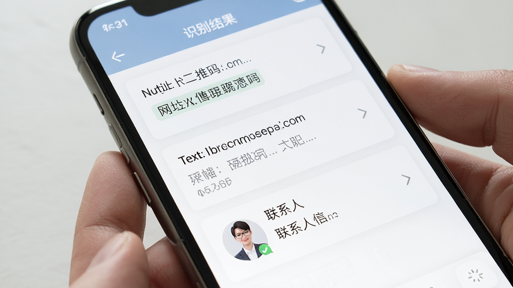 扫扫识二维码软件展示识别结果页面,屏幕上显示多个识别记录,包括网址、文本和联系人信息,界面清晰整洁,风格简约,布局合理,画质高清,干净无多余元素