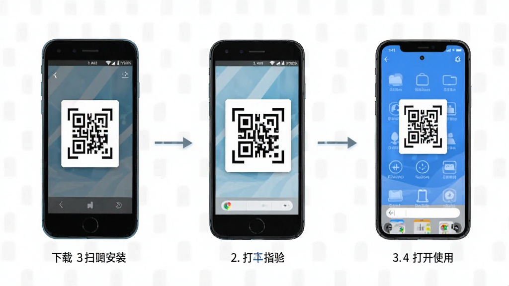 扫扫识二维码软件在手机上的安装步骤示意图,展示从下载到打开使用的流程,画面分步骤排列,风格简洁明了,细节清晰,画质高清,无多余元素
