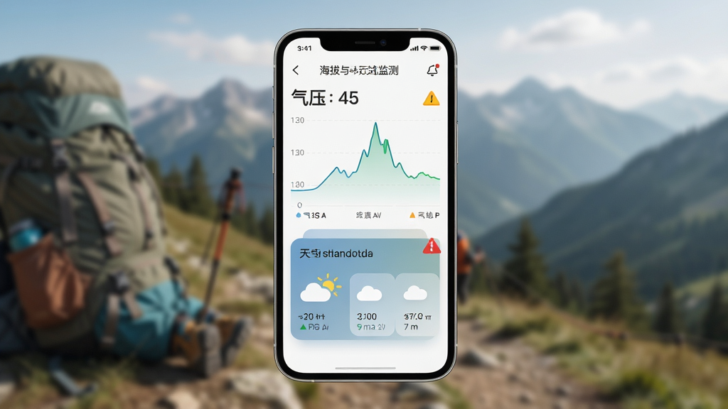 户外徒步助手海拔与天气监测界面,主体为手机屏幕展示海拔曲线和天气预警卡片;布局为上下结构,手机置于画面中心;排版整齐,风格为现代简约户外风;细节有气压数值、云层图标、警示三角标;画质高清,干净清晰,无多余元素