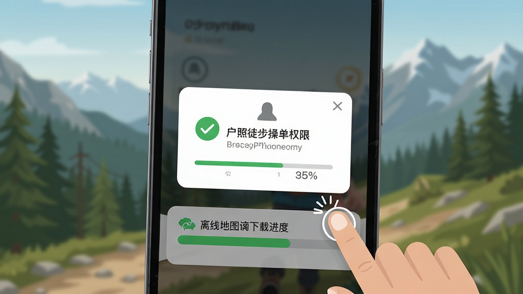 户外徒步助手新手操作引导界面,主体为手机屏幕展示权限授权弹窗与离线地图下载进度条;布局为居中特写,手机略微倾斜;排版简洁,风格为扁平化教程风;细节有绿色对勾图标、进度百分比、手指点击示意;画质高清,干净清晰,无多余元素