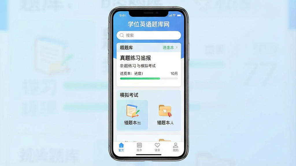 一张展示学位英语题库网手机应用界面的宣传图,主体是一部竖屏智能手机,屏幕中显示“学位英语题库网”应用首页,布局包含顶部搜索框、中部真题练习与模拟考试入口、底部导航栏;背景为浅蓝色渐变,风格简洁清新;细节上要有题库卡片、进度条和错题本图标,画质清晰干净,无多余元素