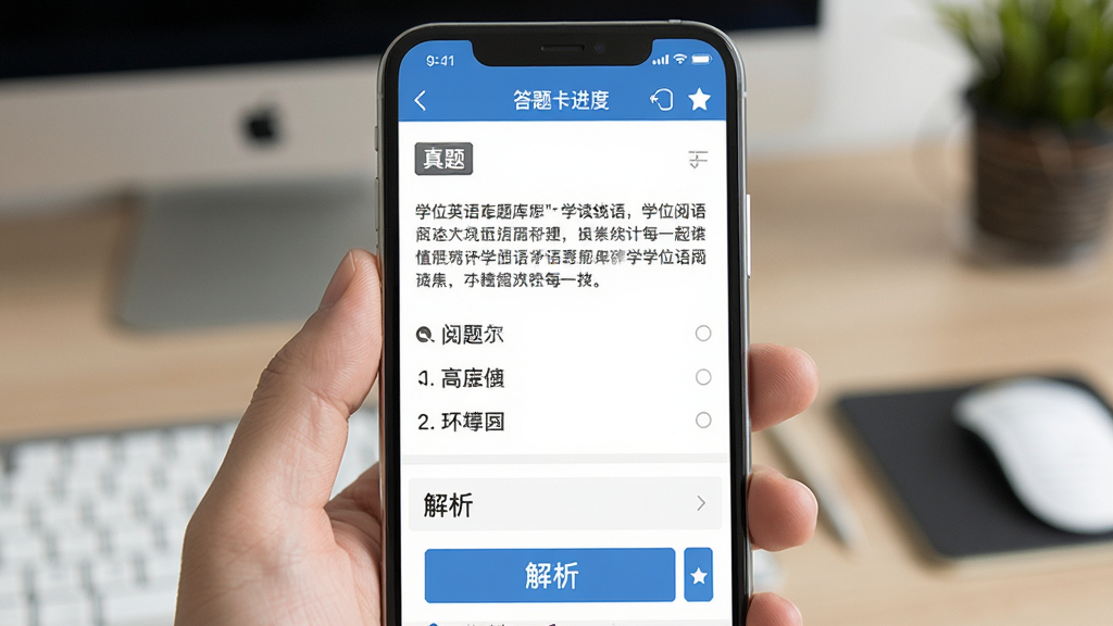 展示学位英语题库网真题练习界面的场景图,主体为手机屏幕,屏幕中显示一道学位英语阅读理解题与下方解析区域;布局为上下结构,上方题干,下方四个选项与解析按钮;风格为教育类应用简洁风;细节包括“真题”标签、答题卡进度与收藏图标;画质清晰,干净无多余元素