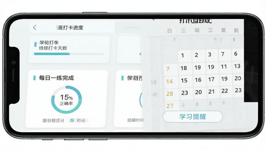 一张展示学位英语题库网每日一练与学习提醒功能的手机截图,主体为手机屏幕,屏幕中显示每日一练完成页面与打卡日历;布局为上方打卡进度,中部题目卡片,下方学习提醒设置按钮;风格为清新浅色教育应用;细节包括连续打卡天数、正确率圆环与提醒时间;画质清晰,干净无多余元素