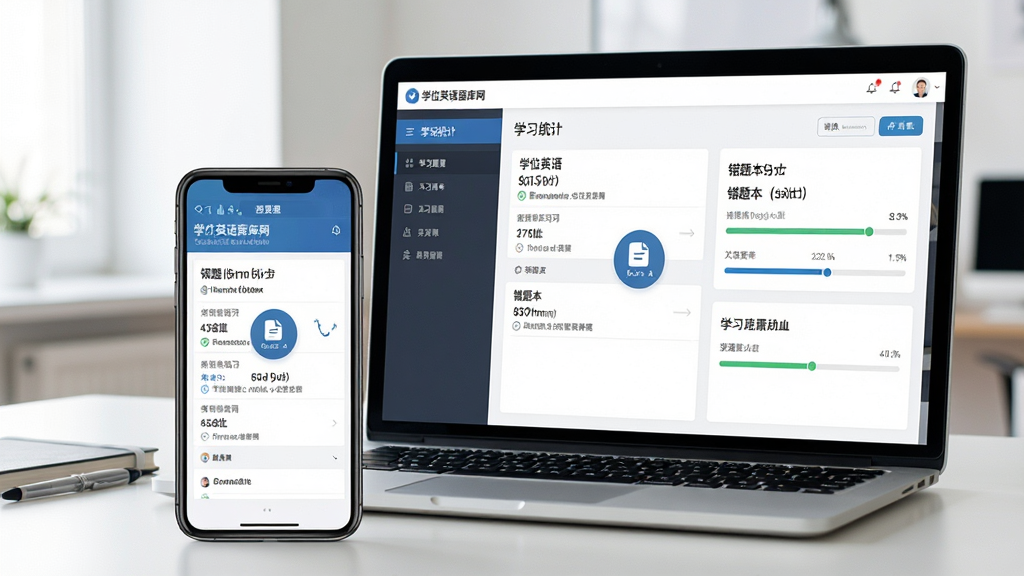 一张展示学位英语题库网在手机与电脑上同步使用的场景图,主体为一部手机和一台笔记本电脑,屏幕中分别显示题库练习界面与学习统计页面;布局为左右并排,手机在前电脑在后;风格为现代办公学习场景;细节包括数据同步图标、错题本与进度条;画质清晰,干净无多余元素