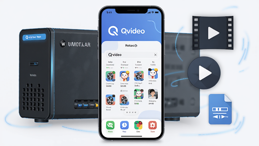 画面中央放置一部智能手机,手机屏幕显示 Qvideo 应用主界面,左侧背景是一台威联通 NAS 设备,右侧漂浮着电影胶片、播放按钮、字幕文件图标,整体布局左右对称,排版干净整洁,风格为科技感扁平插画,细节包括蓝色光效与柔和阴影,画质高清,干净,无多余元素