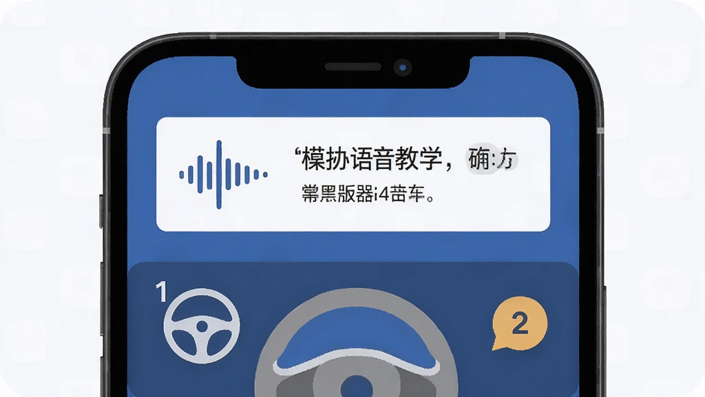 练车模拟器语音教学界面展示,主体为手机屏幕内显示语音波形图标与文字提示框,布局采用上下分栏排版,风格为扁平化现代设计,细节包含方向盘图标与步骤序号标记,画质清晰干净无多余元素