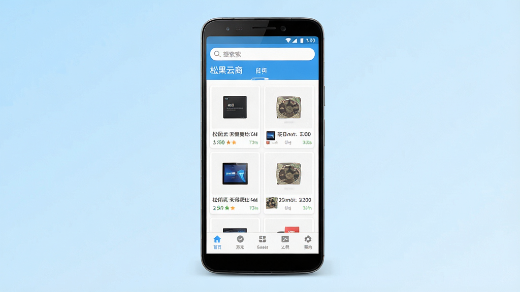一张手机应用界面展示图,画面中央放置一部安卓手机,手机屏幕上显示“松果云商”应用的主页界面,包含商品列表、底部导航栏和顶部搜索框,背景为浅蓝色渐变,整体风格简洁清爽,细节清晰,画质干净,无多余元素