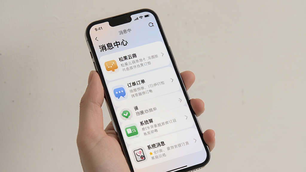 手机屏幕显示“松果云商”消息中心页面,列表中包含多条订单通知和系统消息,每条消息前有对应图标,界面配色柔和,手机握在手中,背景为纯色墙面,画面干净整洁,画质清晰,无多余元素