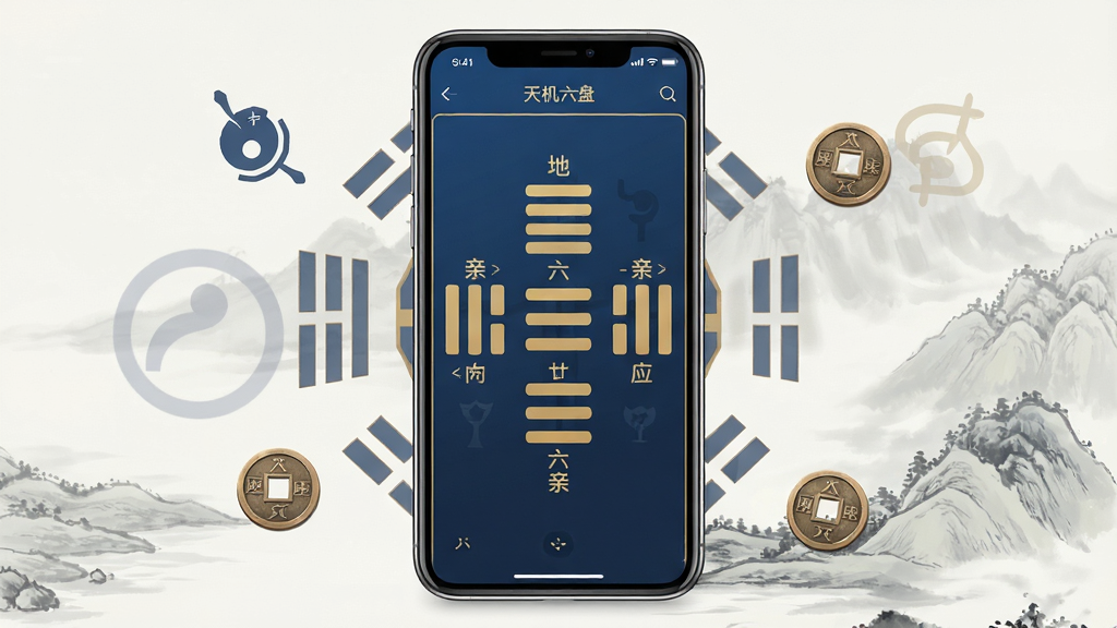 一张手机屏幕展示天机六爻排盘应用主界面的场景图,画面中央是一部竖屏智能手机,屏幕内显示六爻排盘卦象图,包含六个爻位、地支、六亲、世应等标注,界面以深蓝色与金色为主色调,背景为淡雅的水墨山水纹理,手机周围漂浮着若隐若现的八卦符号与铜钱图案,整体布局居中对称,风格融合中国传统易学元素与现代扁平化UI设计,细节清晰展示卦爻排布与文字标注,画质高清,画面干净,无多余杂乱元素