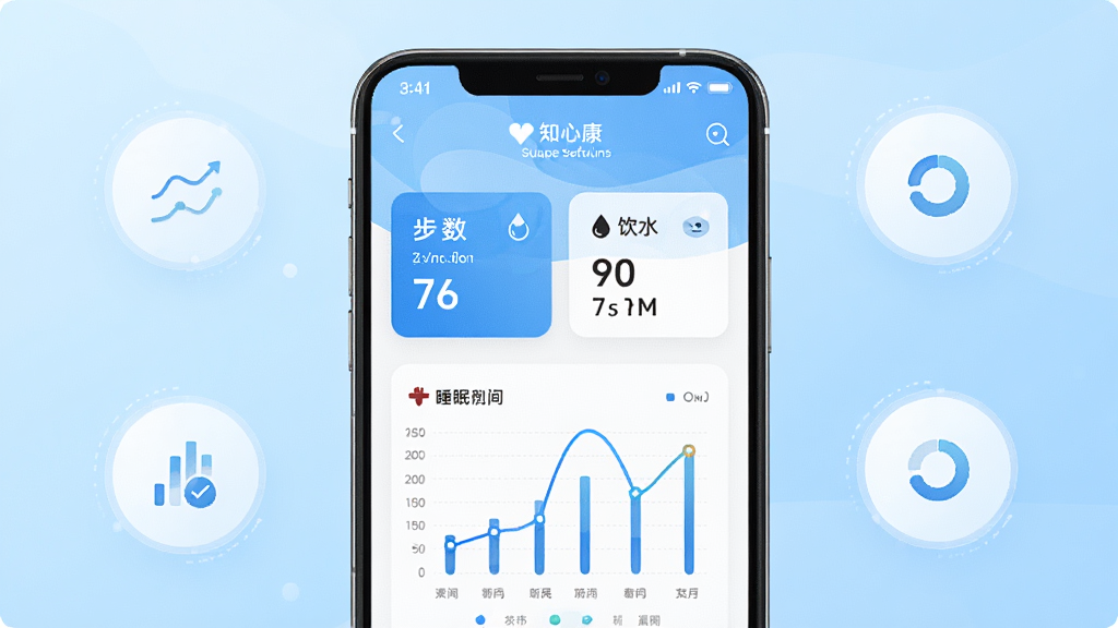 画面中央是一部手机,屏幕显示知心康软件的个人健康记录页面,页面上有步数、饮水、睡眠等数据卡片和简单的图表,背景为浅蓝色渐变,周围有简约的圆形数据图标,风格清爽科技感,细节上图表线条流畅,画质干净无多余元素