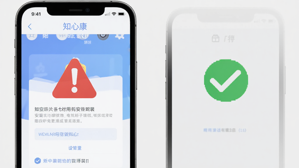 画面展示一部手机屏幕显示知心康软件的安装权限设置界面,旁边有红色警告图标和绿色对勾图标对比,背景为浅灰色,风格简洁说明性,细节上界面文字清晰可辨,画质干净无多余元素