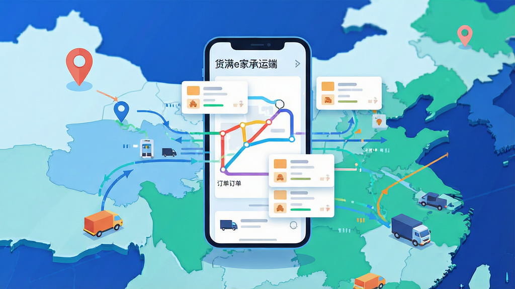 一张表现智能货源匹配概念的AI生图,画面主体为手机屏幕悬浮在数字地图上方,屏幕中显示多条彩色货源路线与订单卡片,布局为手机居中、地图向四周延展,风格为科技感扁平插画,细节包括定位图标、数据流线条、车型轮廓,画面中文字为“货满e家承运端”,画质清晰,干净,无多余元素