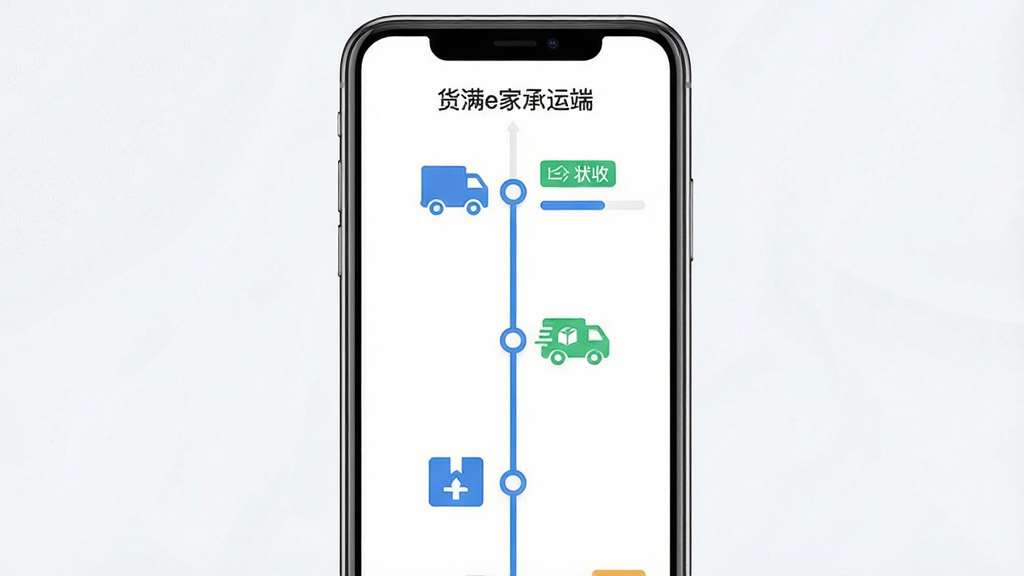 一张展示运单全程管理功能的AI生图,画面主体为手机界面中的运单时间轴与状态标签,布局为手机直立居中、时间轴从屏幕底部延伸至顶部,风格为简约商务风,细节包括装货图标、卡车图标、签收图标、进度条,画面中文字为“货满e家承运端”,画质清晰,干净,无多余元素