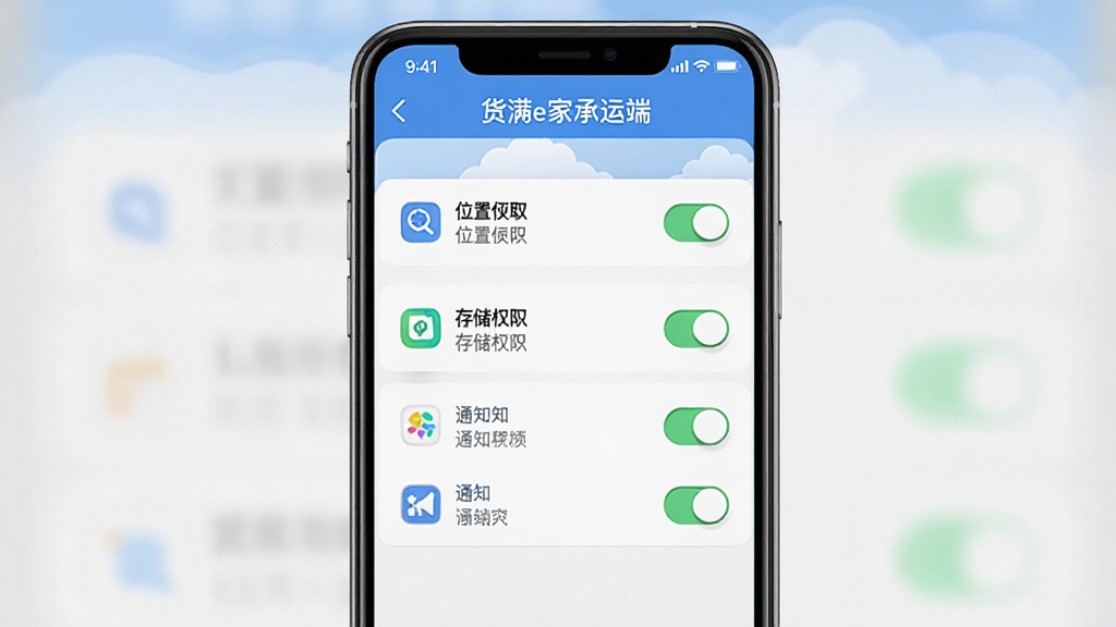 一张展示手机权限设置界面的AI生图,画面主体为手机屏幕显示应用权限列表,布局为手机居中、权限开关清晰可见,风格为扁平化UI风格,细节包括位置权限、存储权限、通知权限图标,画面中文字为“货满e家承运端”,画质清晰,干净,无多余元素