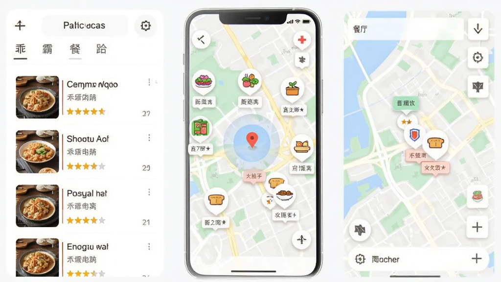 乖饭霸王餐 智能推荐功能展示 主体为手机地图界面散落美食图标 布局以用户定位为中心扩散 排版左侧为餐厅列表右侧为地图 风格清新生活化 细节包含距离标签和评分星星 画质清晰 干净 无多余元素