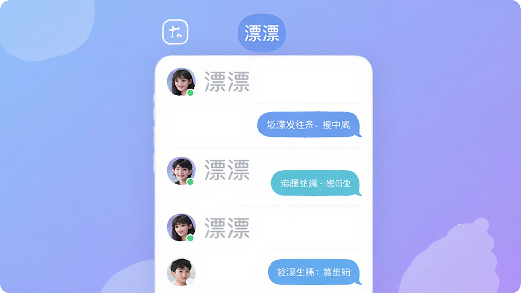一款名为“漂漂”的社交应用主界面,画面中央是清爽的聊天列表与用户头像,背景是柔和的渐变蓝紫色,布局简洁,排版清晰,风格现代简约,细节包括圆角图标和聊天气泡,画质高清,干净无多余元素