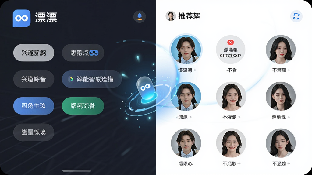 AI生图,画面主体是“漂漂”APP的智能匹配界面,布局为左右分栏,左侧是用户兴趣标签,右侧是推荐头像列表,风格清新科技感,细节有动态匹配光效,画质高清,干净无多余元素
