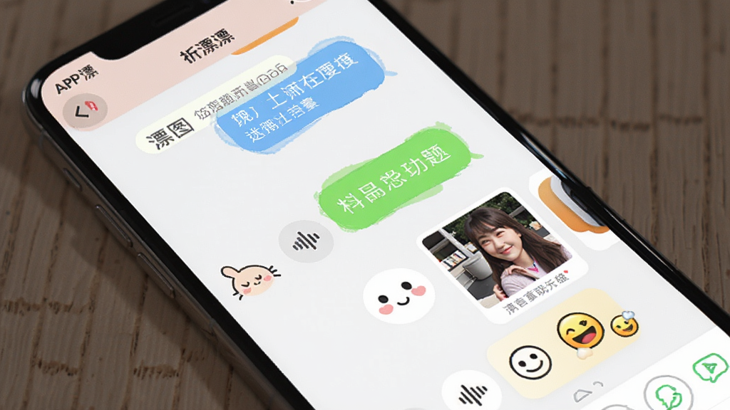 AI生图,画面主体是“漂漂”APP的聊天窗口,布局为手机屏幕内展示文字、语音、图片和表情消息,风格活泼温馨,细节有彩色聊天气泡和话题卡片,画质高清,干净无多余元素