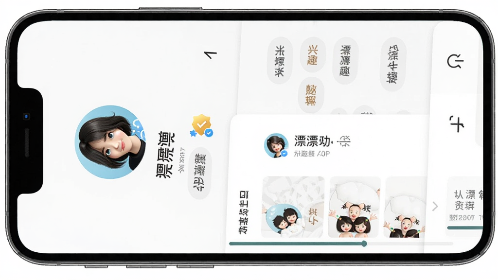 AI生图,画面主体是“漂漂”APP的个人资料页,布局为头像、昵称、兴趣标签和动态列表,风格简洁真实,细节有认证标识和资料完整度进度条,画质高清,干净无多余元素