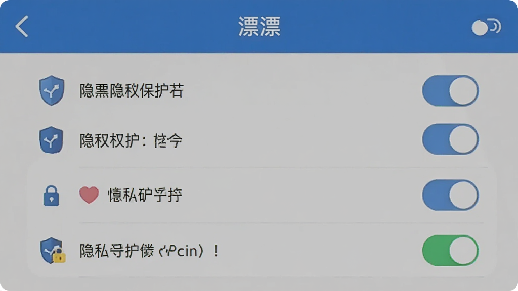 AI生图,画面主体是“漂漂”APP的隐私设置页面,布局为列表式开关与权限选项,风格安全稳重,细节有盾牌图标和隐私保护提示,画质高清,干净无多余元素