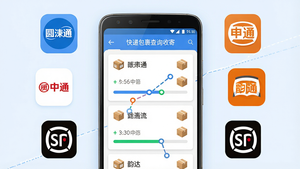 画面中央展示一部安卓智能手机,手机屏幕上显示“快递包裹查询收寄”应用主界面,界面中清晰排列多个快递包裹卡片,每张卡片标注快递公司标志与物流状态进度条。手机周围环绕圆通、中通、申通、韵达、顺丰等主流快递品牌图标,以柔和蓝色和白色为主色调,布局整洁对称。风格为扁平化科技风,细节包括物流轨迹线条、包裹纸箱小图标、手机边框高光。画质高清,干净,无多余元素。