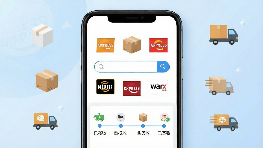 一张以“快递包裹查询收寄”软件界面为主体的展示图,画面中手机屏幕内显示多个快递公司标志环绕一个中央搜索框,搜索框下方展示一条完整的物流时间轴,从“已揽收”到“已签收”节点依次排列。背景为浅蓝色渐变,风格简洁商务,细节包含快递纸箱、物流货车小图标点缀。画质高清,干净,无多余元素。