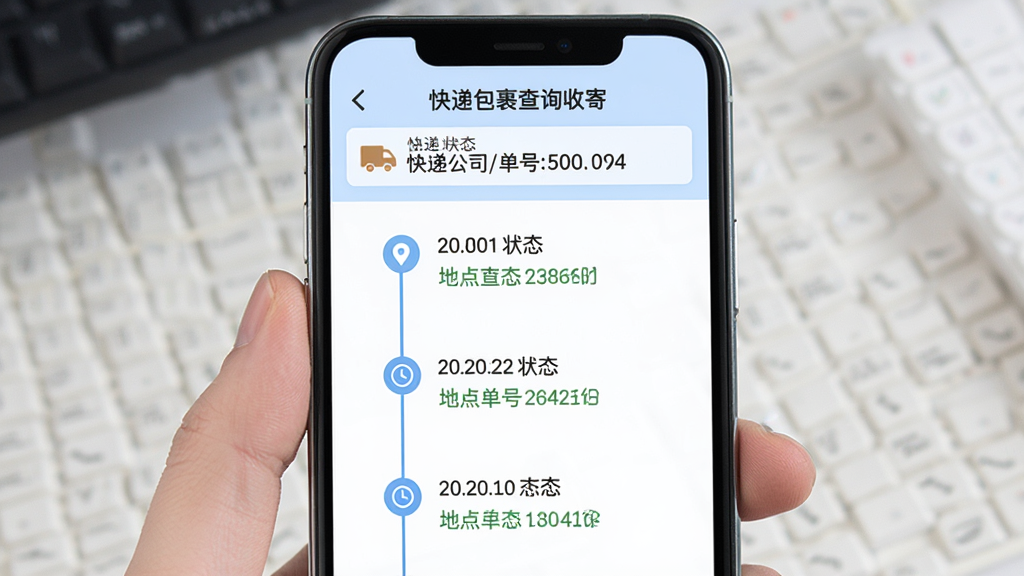 画面展示“快递包裹查询收寄”物流详情页面,手机屏幕中央为一条垂直的物流时间轴,每个节点标注时间、地点与状态描述,顶部显示快递公司与单号信息。背景为淡蓝色与白色,风格清晰易读,细节包含地图定位小图标与时钟图标。画质高清,干净,无多余元素。