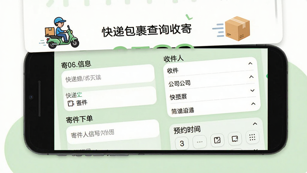 手机屏幕展示“快递包裹查询收寄”寄件下单界面,画面中包含寄件人信息填写框、收件人信息填写框、快递公司选择列表与预约时间选择器。背景为白色与浅绿色搭配,风格友好亲和,细节包含快递员骑电动车小图标与包裹纸箱图标。画质高清,干净,无多余元素。