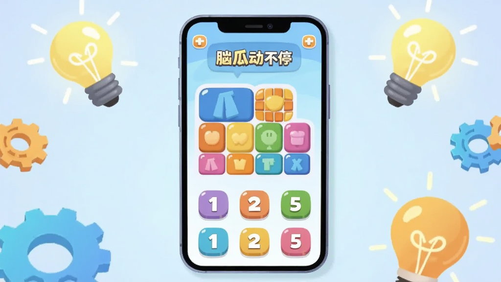 画面中央是一部竖屏智能手机,屏幕上显示着脑瓜动不停的游戏主界面,界面中有彩色方块和数字按钮,背景是柔和的浅蓝色渐变,手机两侧散落着发光的灯泡和齿轮元素,整体布局居中对称,风格为扁平化卡通插画,细节包括圆润的图标和清新的配色,画质清晰干净,无多余元素。