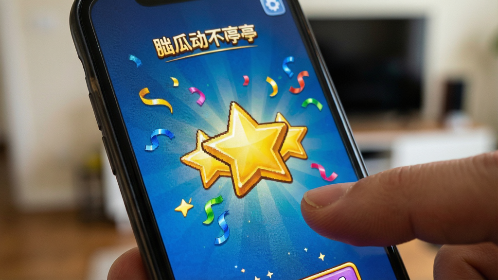一张手机特写镜头,手机屏幕上显示脑瓜动不停游戏中的成功过关画面,画面中央有金色星星和庆祝彩带,手机旁边有一只手正准备点击屏幕,背景是模糊的室内环境,布局以手机为视觉中心,风格为微距摄影,细节包括屏幕像素纹理和手指的皮肤质感,画质锐利,干净,无多余元素。