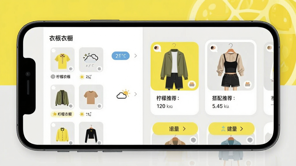 柠檬衣橱手机应用界面展示,画面中央是一部竖屏手机,屏幕中显示衣柜分类管理页面,左侧是衣物缩略图列表,右侧是搭配推荐卡片,背景是清新的柠檬黄与浅灰配色,整体布局简洁明快,风格为现代扁平化UI设计,细节包括衣物图标、天气标签、分类按钮,画质清晰干净,无多余元素